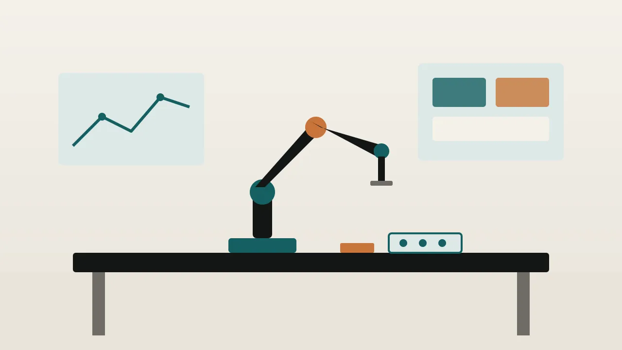 A desktop robot arm on an engineering lab bench with a PLC training panel beside it and screens on the wall behind