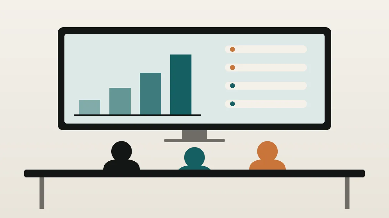Three people seen from behind at a desk, facing a large screen with a rising bar chart and a checklist