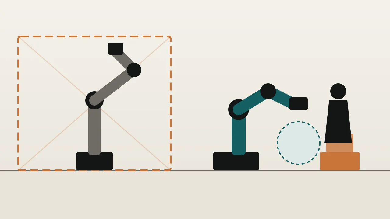 A fenced traditional robot arm beside a cobot arm working next to a silhouetted operator on a factory floor