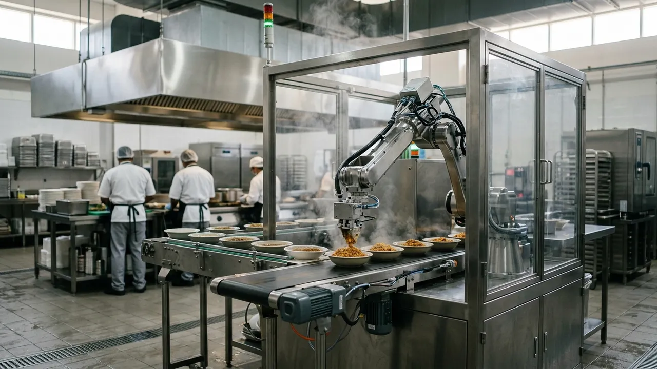 Enclosed cooking robot in a steel catering kitchen, staff seen from behind