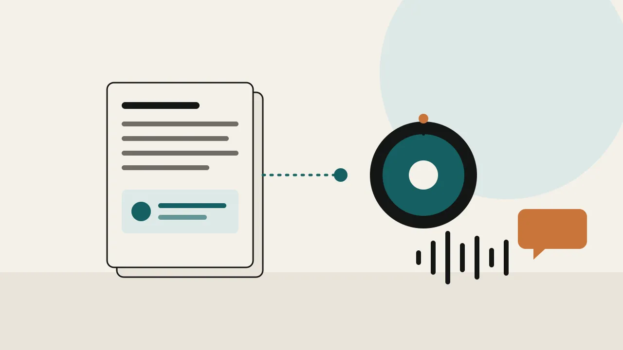 A stack of documents linked to a chat bubble and a sound waveform, showing an AI agent working in Arabic