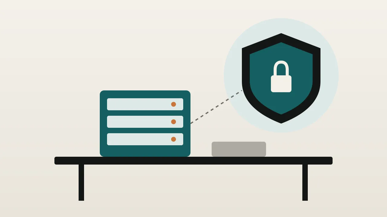 A compact AI server on a desk with a shield beside it, in teal and paper tones