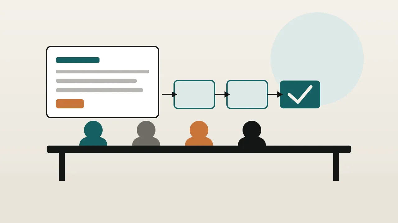 A team seated at a table facing a process of three steps that ends in a teal tick, beside a document on a screen