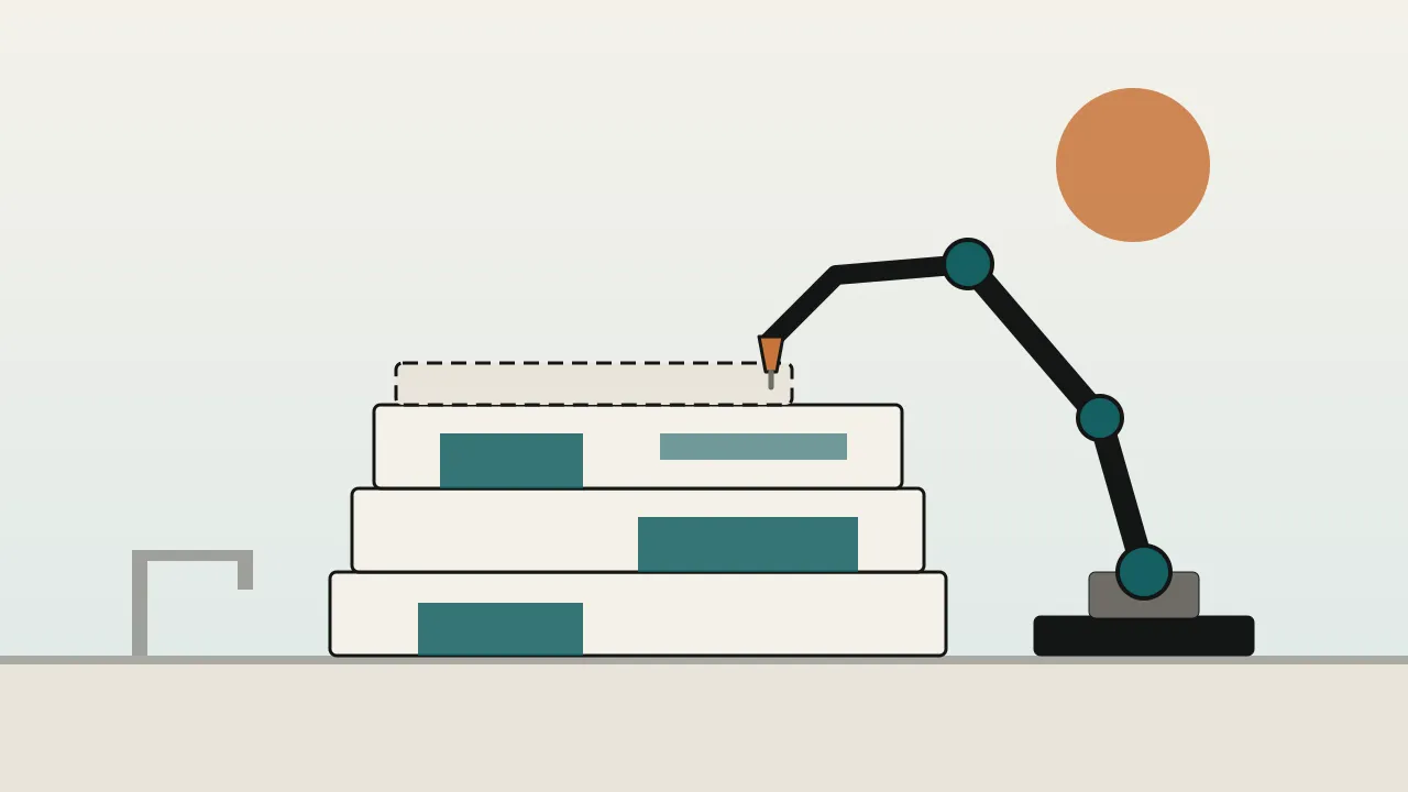 A robot arm printing a layered concrete villa on a building site