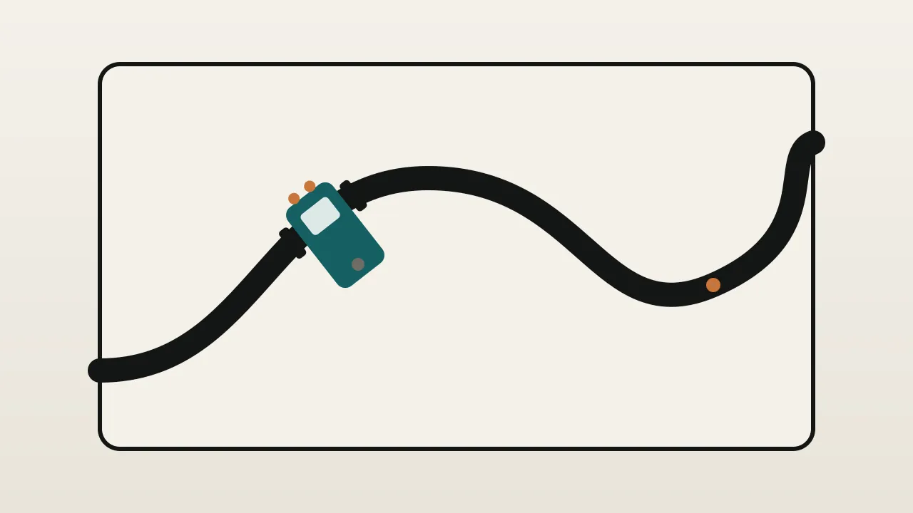 A small teal robot with two wheels follows a thick black line curving across a light chart