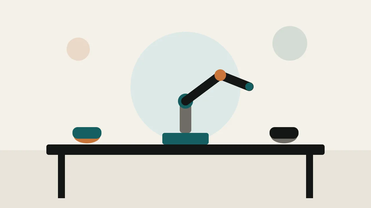 A desktop robot arm on a school bench between two pairs of student hands